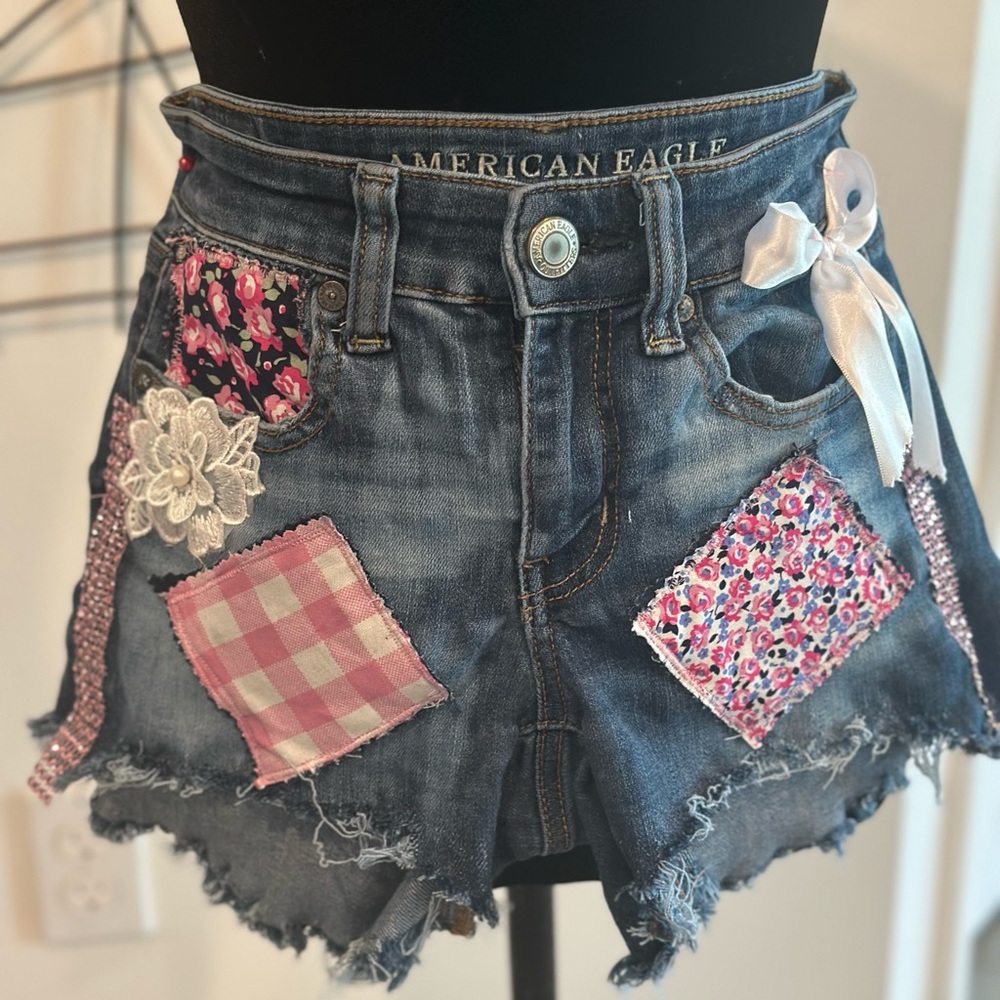 Custom American Eagle Denim Patchwork Shorts - image 2